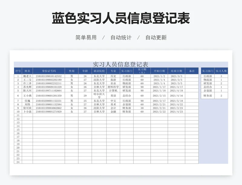 蓝色实习人员信息登记表