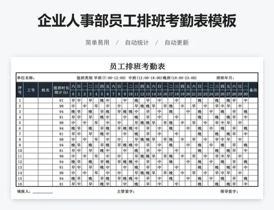 企业人事部员工排班考勤表模板