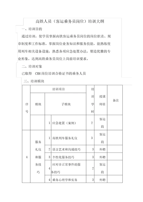 高速铁路客运乘务教学大纲