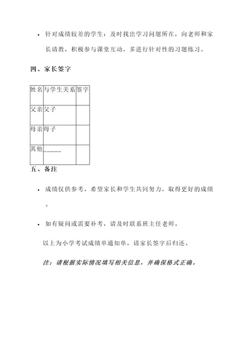 小学考试成绩单通知单