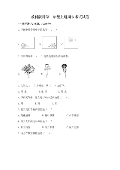 教科版科学二年级上册期末考试试卷基础题