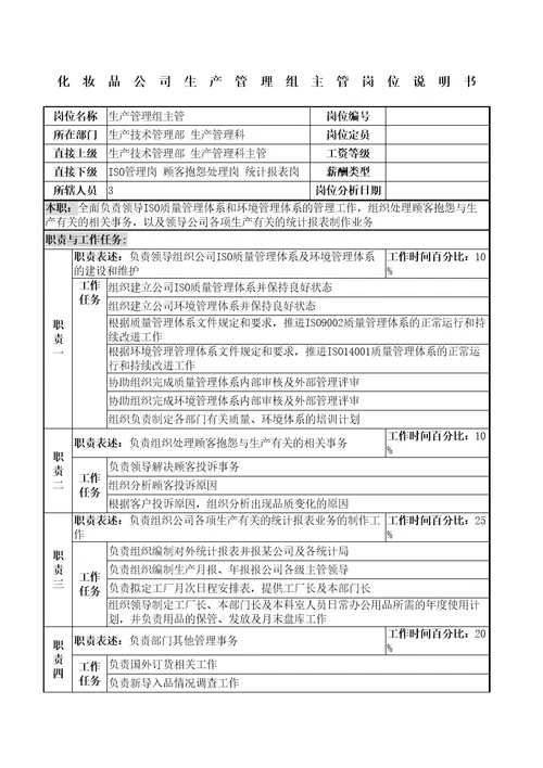 化妆品公司生产管理组主管岗位说明书