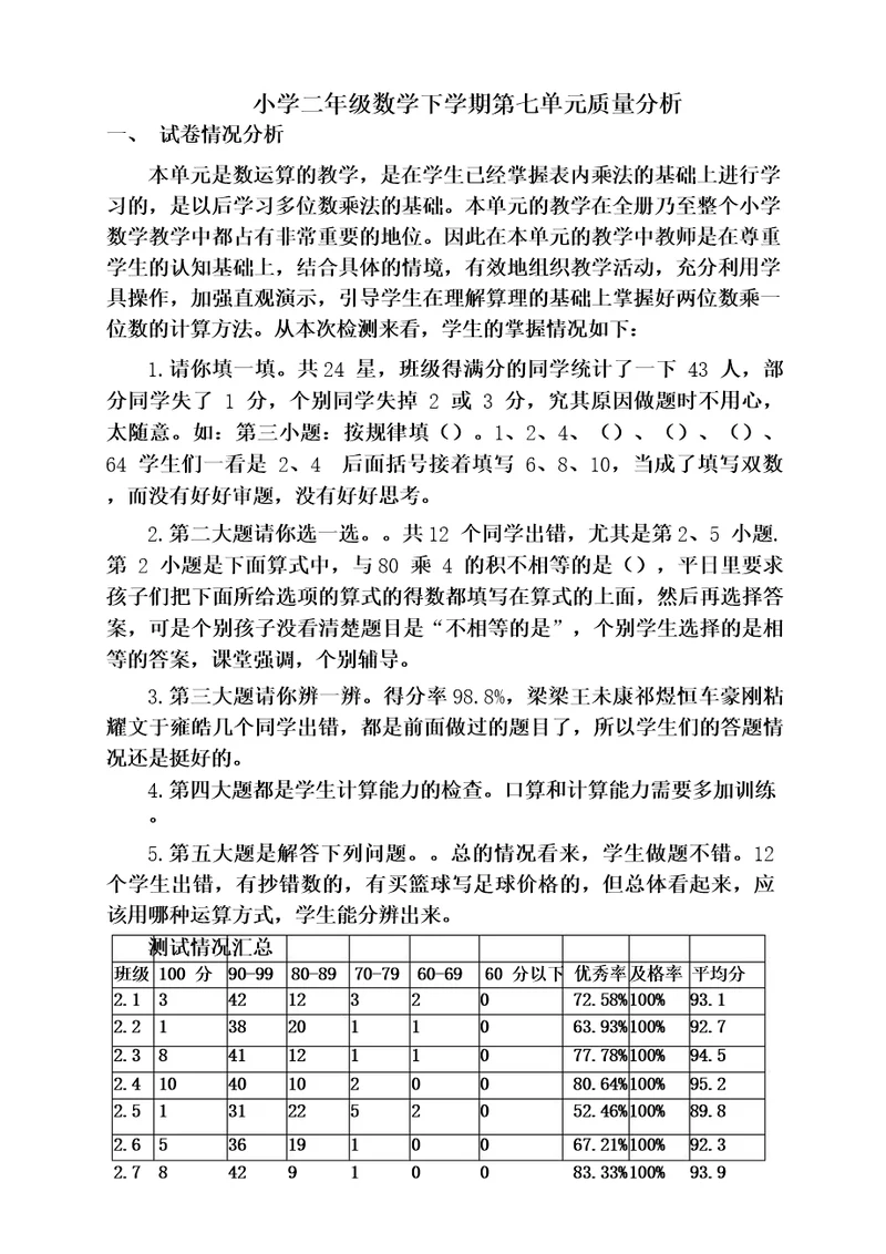 青岛数学二年级下册第七单元质量分析