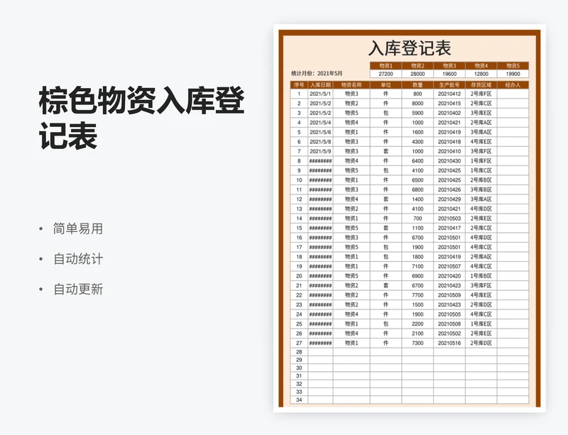 棕色物资入库登记表