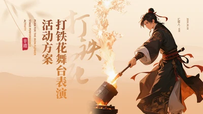 橙色中国风打铁花舞台表演活动方案PPT模板