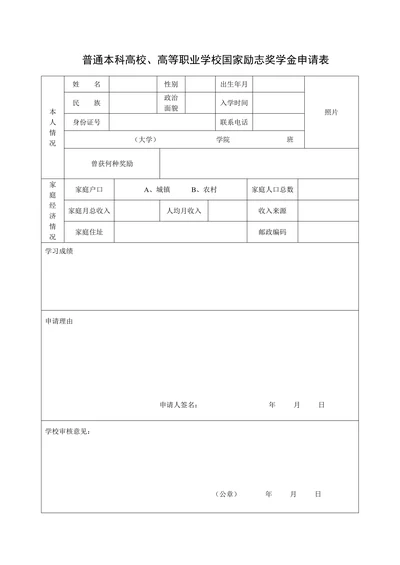 本科高校高等职业学校国家励志奖学金申请表