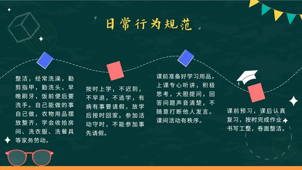 绿色卡通黑板小学生行为规范教育班会带内容PPT模板