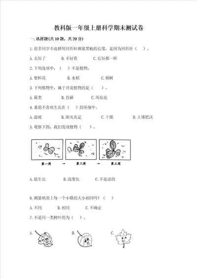 教科版一年级上册科学期末测试卷及答案最新