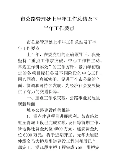 市公路管理处上半年工作总结及下半年工作要点