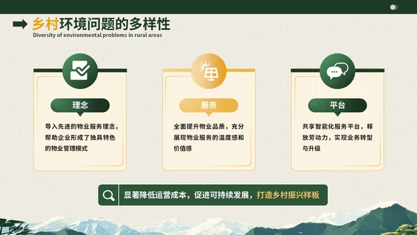 深绿色插画风乡村环境发展报告PPT模板