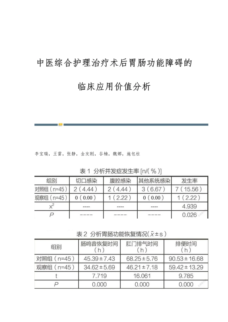 中医综合护理治疗术后胃肠功能障碍的临床应用价值分析.docx