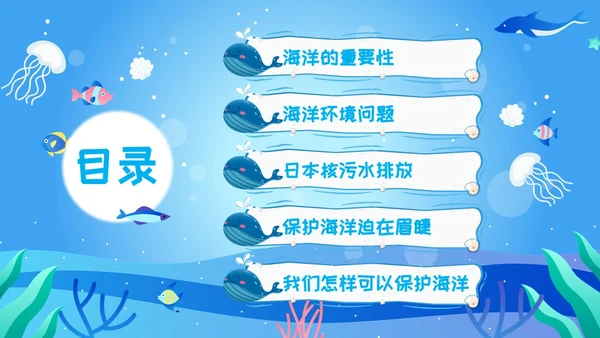 海洋保护主题插画学习讲座活动卡通蓝色环保简约核污水