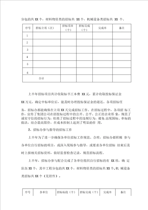 招标办公室年度上半年工作总结及下半年工作计划