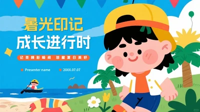 蓝色可爱手绘插画风我的暑假假期记录PPT模板