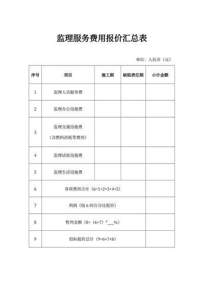 监理服务费用报价汇总表