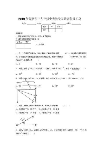 2019年最新初三九年级中考数学易错题集锦汇总