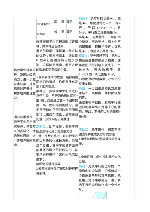 （大单元整体教学）6.1 平行四边形的面积（表格式）教学设计 人教版 五年级上册数学