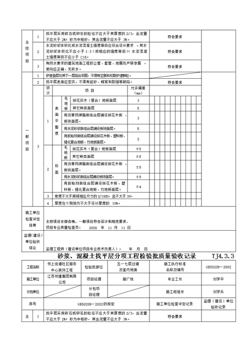 砂浆溷凝土找平层分项工程检验批质量验收记录TJ4