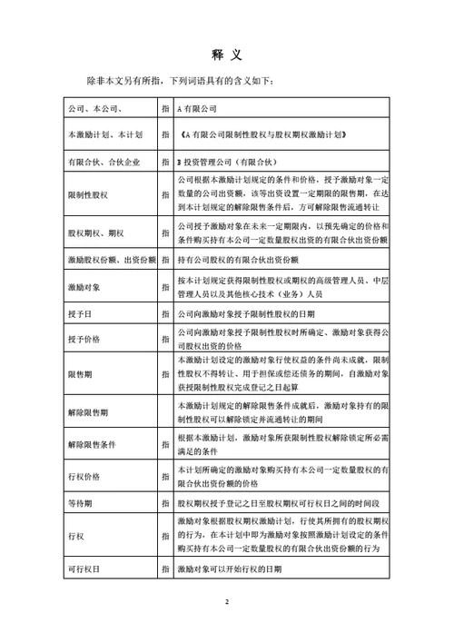 限制性股权与期权激励方案