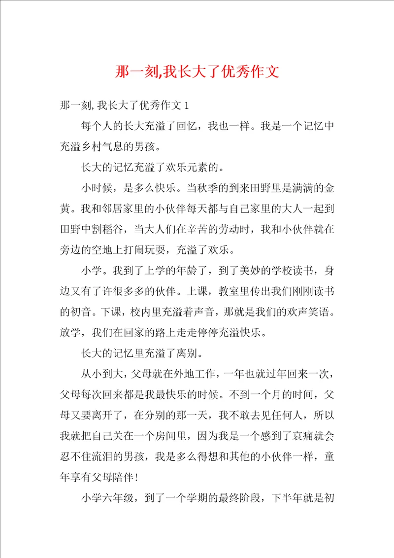 那一刻,我长大了优秀作文