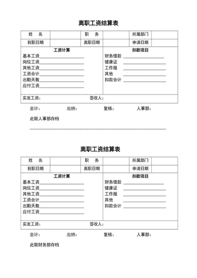 公司员工离职工资结算表word