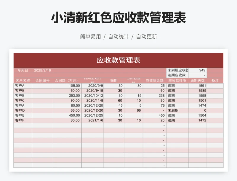 小清新红色应收款管理表