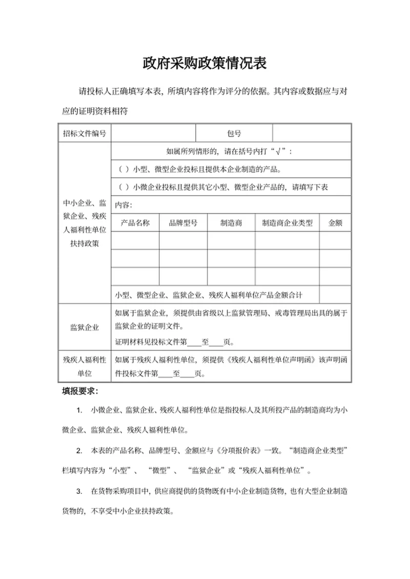 政府采购政策情况表