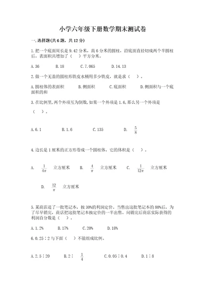 小学六年级下册数学期末测试卷及完整答案精选题