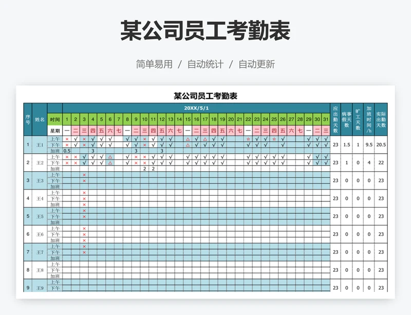 某公司员工考勤表