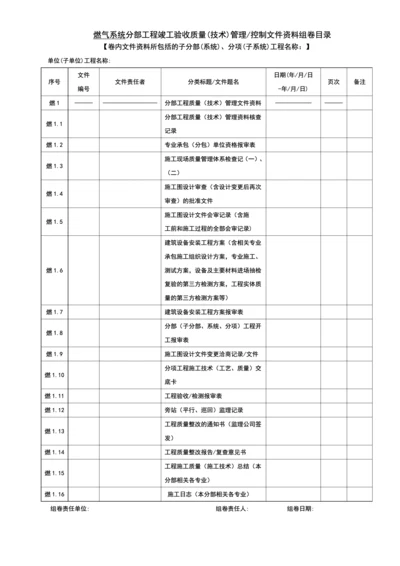 燃气分部工程竣工验收管理文件资料目录