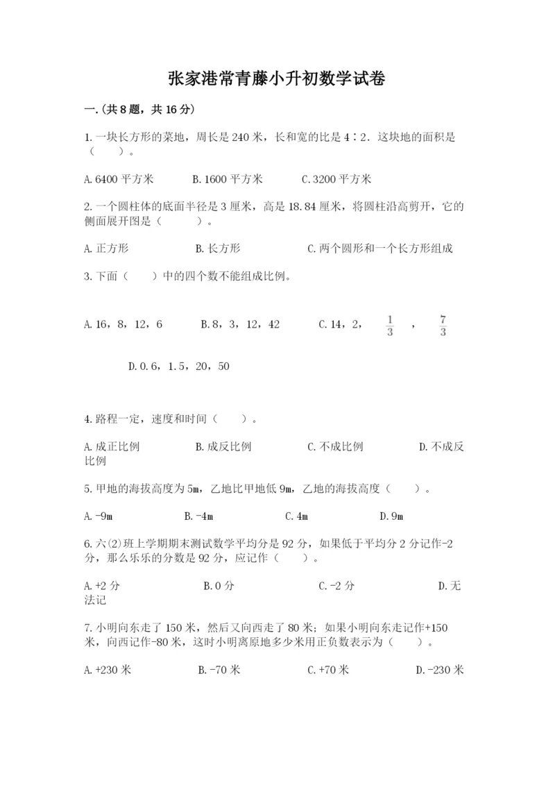 张家港常青藤小升初数学试卷【实用】.docx