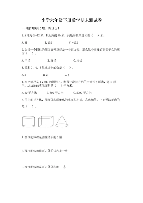 小学六年级下册数学期末测试卷附答案【模拟题】