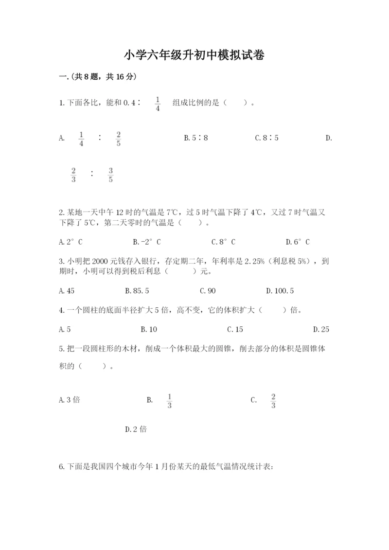 小学六年级升初中模拟试卷附参考答案【预热题】.docx