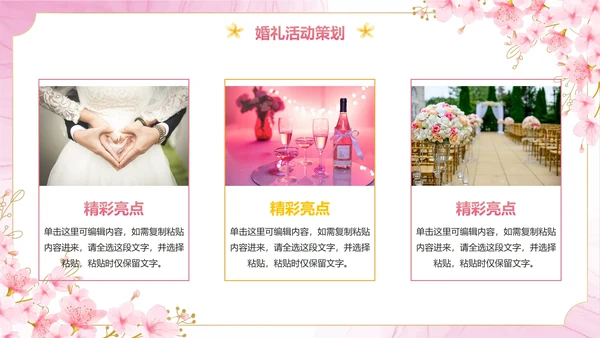 清新梦幻粉色花卉浪漫宴会西式婚礼策划PPT模板