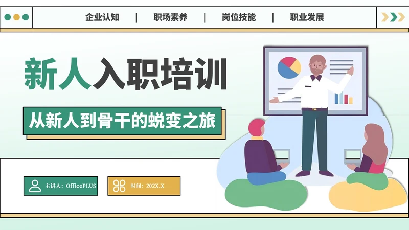 绿黄色可爱卡通风新人入职培训PPT模板