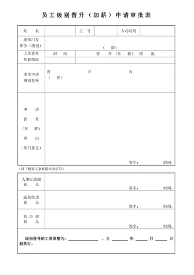 员工晋升加薪申请审批表