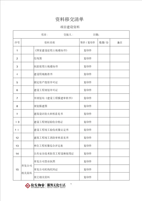 资料移交清单范本模板