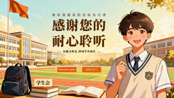 黄色手绘插画风校园学生会面试自我介绍PPT模板