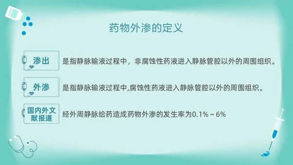 绿色卡通药物外渗的预防与处理PPT模板宣传PPT动态PPT输液外渗的处理方法