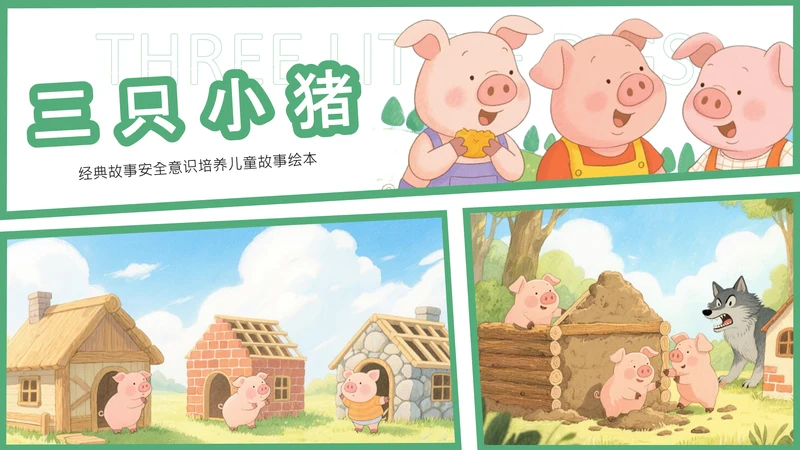 绿色卡通风三只小猪安全意识培养PPT