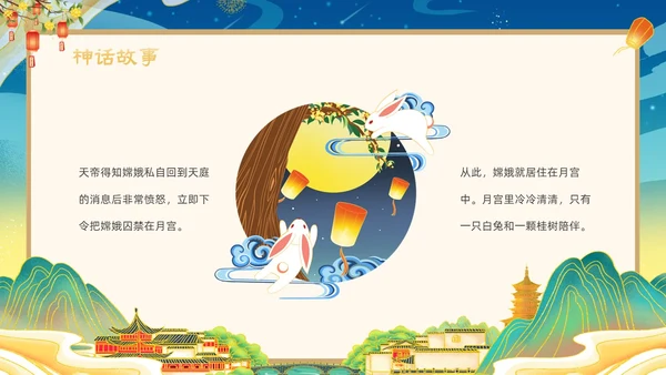 绿色国潮卡通插画神话故事嫦娥奔月动态PPT