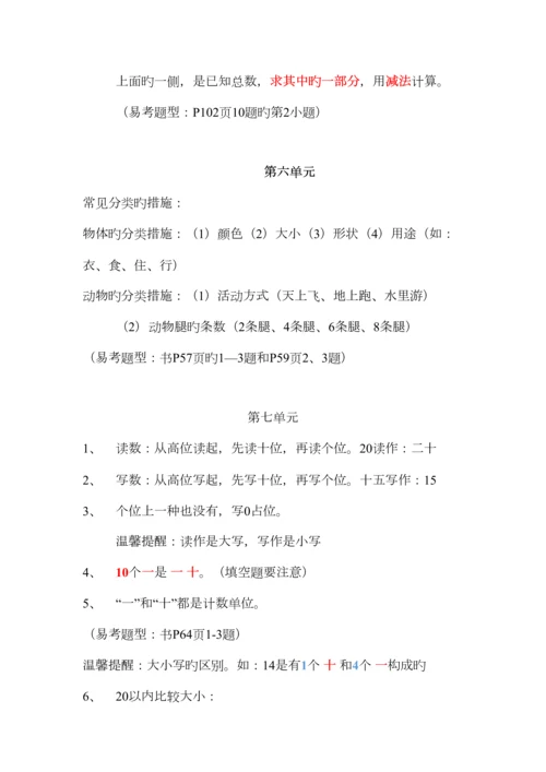 2023年冀教版小学数学一年级上册知识点与易错点.docx