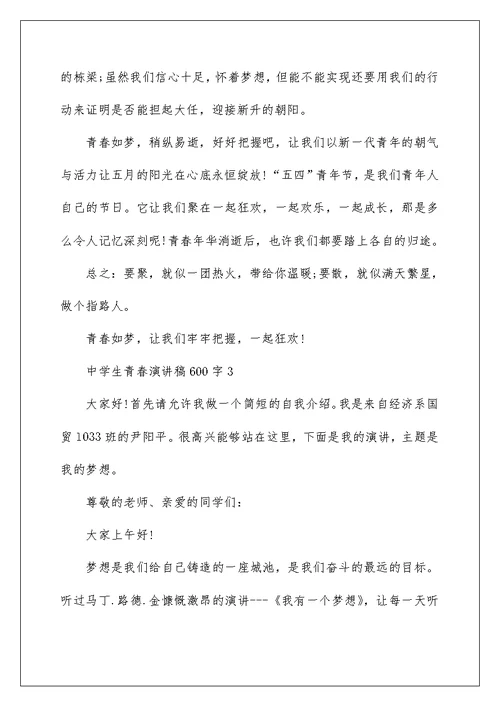 中学生青春演讲稿600字