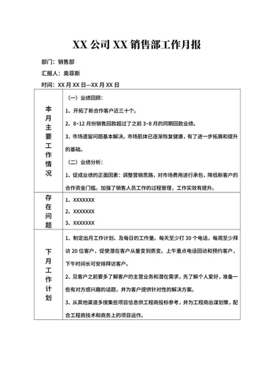 销售工作月报word模板