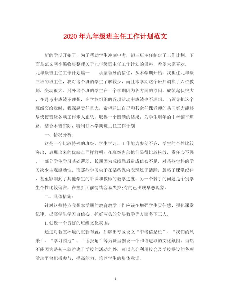 精编之年九年级班主任工作计划范文.docx