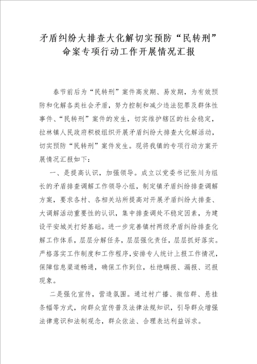 矛盾纠纷大排查大化解切实预防“民转刑命案专项行动工作开展情况汇报