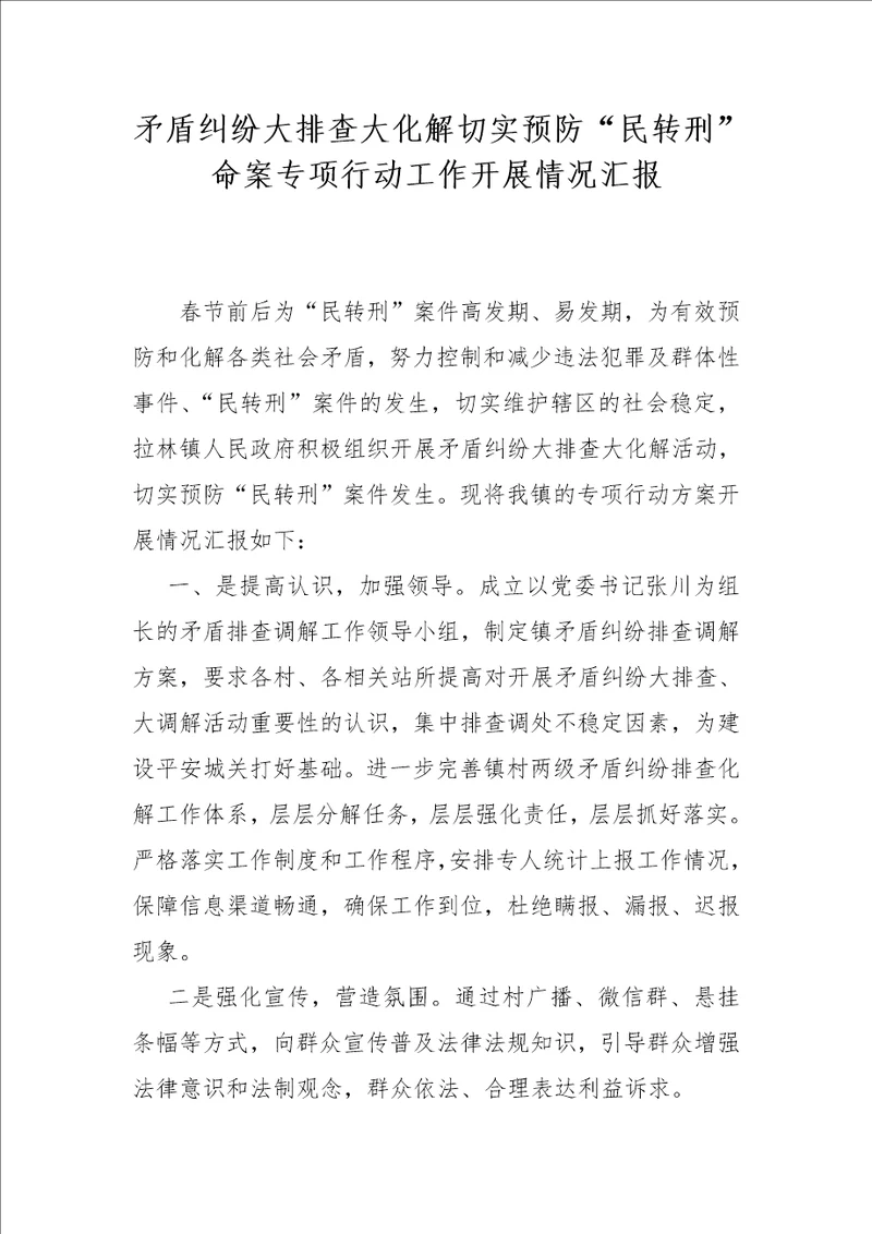 矛盾纠纷大排查大化解切实预防“民转刑命案专项行动工作开展情况汇报