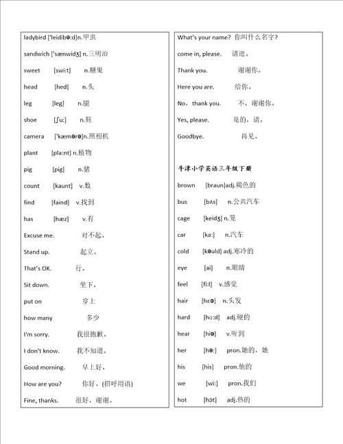 上海版牛津小学英语词汇表带音标