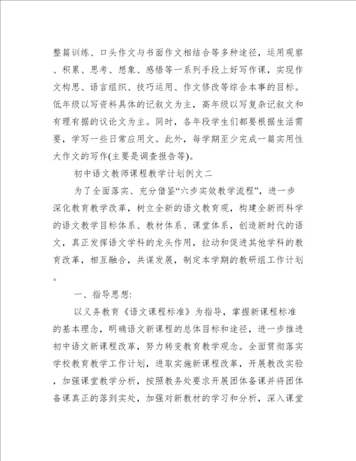 初中语文教师课程教学计划例文2021