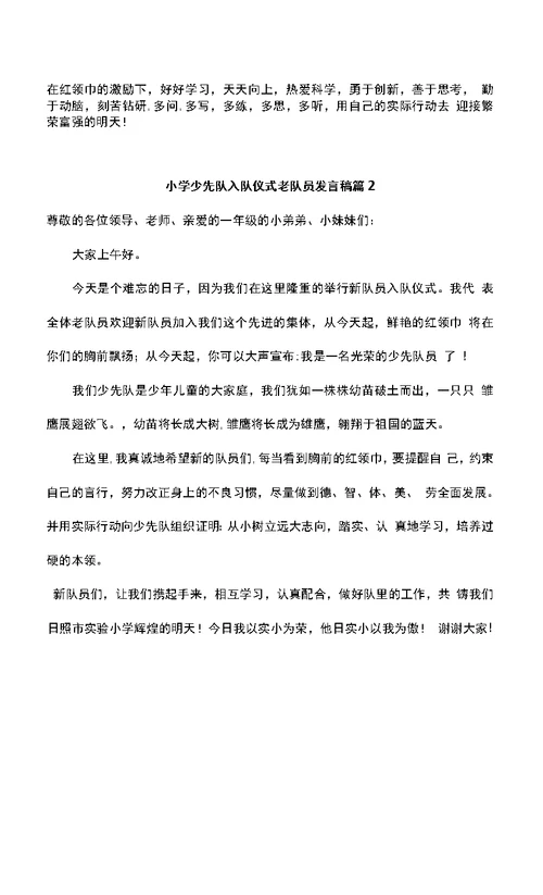 小学少先队入队仪式老队员发言稿篇3篇